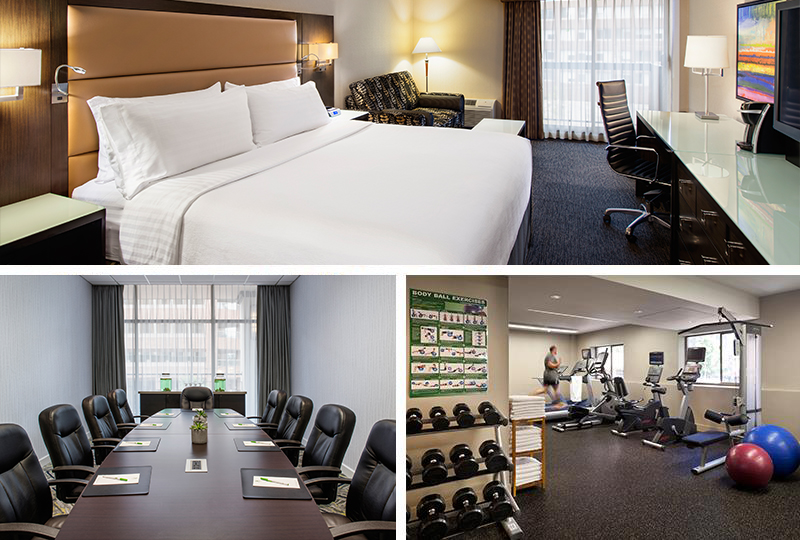 The spacious conference room, excellent weight room, and a beautiful king bedroom in the Vancouver Holiday Inn